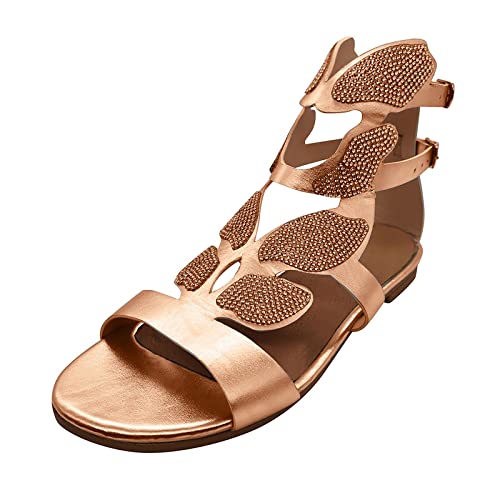 Women's Low Heel Sandals With Adjustable Rhinestone Strap Open Toe Shoes Casual Soft Fashion Ladies Flat Sandals Gold, 9
