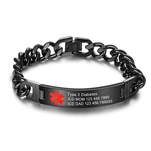 ROSI Free Engraving Medical Alert ID Bracelets for Mens Womens 7.0-8.5 Inch Emergency Alert ID Bracelets Bracelets Stainless Steel Medical Alert Bracelets for Men (Black 2)