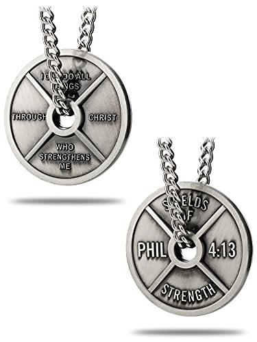 Shields of Strength Men's Weight Plate Necklace Philippians 4:13 Bible Verse for Gym Fitness Athlete Weightlifter Christian Gifts Dumbbell Jewelry