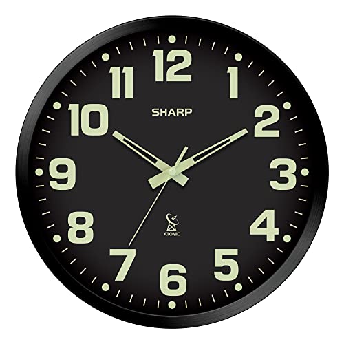 Sharp Glow in The Dark Atomic Analog Wall Clock - 12' Clock with Black Frame - Sets Automatically - Battery Operated - Easy to Read - Easy to Use – See Day or Night!