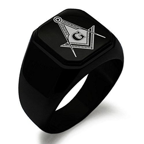 Tioneer Black Plated Stainless Steel Royal Compass Freemasons Masonic Symbol Square Flat Top Signet Biker Rings for Men, Size 11.5