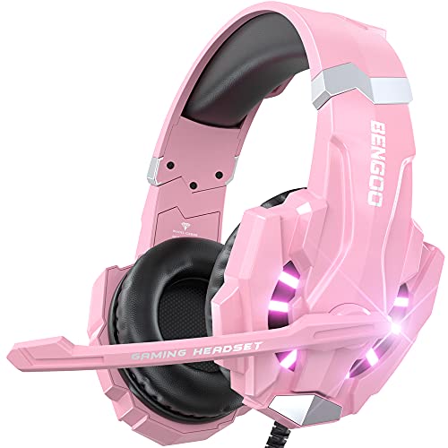 BENGOO G9000 Professional Gaming Headset for PS4, PC, Xbox One Controller, Noise Cancelling Over Ear Headphones with Mic, LED Light, Bass Surround, Soft Memory Earmuffs for Laptop Nintendo - Pink
