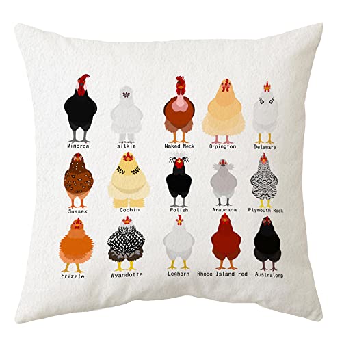 Sidhua Farmhouse Chicken Themed Pillowcase Decorations for Home, Cute Educational Breeds of Chickens Chart Pillow Cover 18”x18”, Chicken Lover Gifts, Farmer Men Women Girls Boys Gifts