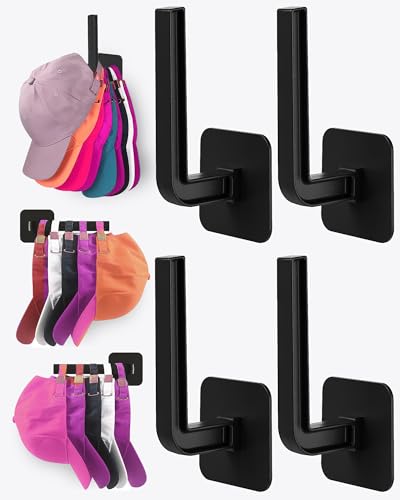 Sunfanie Hat Rack for Hat Storage (4-Pack), Multi-Purpose Hat Organizer, Strong Adhesive Hat Hooks for Wall Hat Organizer for Baseball Caps, Two Mounting Options Hat Hook, Black
