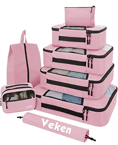 Veken 8 Set Packing Cubes for Suitcases, Travel Essentials for Carry on, Luggage Organizer Bags Set for Travel Accessories in 4 Sizes(Extra Large, Large, Medium, Small), Pink