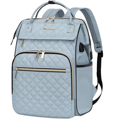 EMPSIGN 17 Inch Laptop Backpack for Women, Work Business Travel Computer College Bags, Large Capacity Water-repellent Quilted Casual Daypack with USB Port, Light Blue