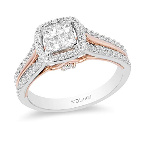 Jewelili Enchanted Disney Fine Jewelry 14k White Gold and Rose Gold 3/4 Cttw Diamond Aurora Ring, Size 8