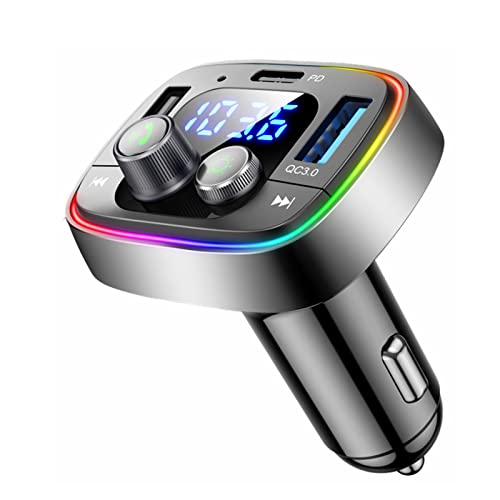 LIHAN USB C Bluetooth Adapter for Car, AUX Wireless FM Radio Transmitter, Handsfree Calling & Audio Receiver, MP3 Music Player, QC3.0 & Type-C PD USB Car Charger,7 Colors LED Backlit