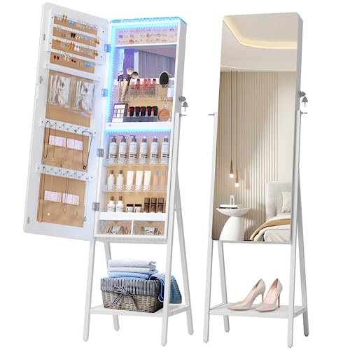 LVSOMT LED Jewelry Mirror Cabinet, Standing Full Length Mirror with Storage, Lockable Jewelry Armoire Organizer with 2 Drawers, Bottom Shelf, Built-in Lighted Makeup Mirror, White
