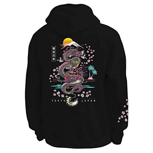 Unyopsa Japanese Aesthetic Hoodie Streetwear Hoodies Tokyo Dragon Retro 80’s Style Men's Graphic Hoodie Sweatshirt