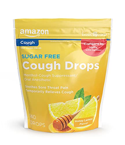 Amazon Basic Care Sugar Free Honey Lemon Cough Drops, 140 Count (Compare to Halls)