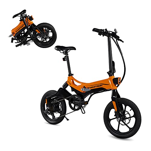 Swagtron Swagcycle EB-7 Elite Plus Folding Electric Bike with Removable Battery, Orange/Black, 16' Wheels, 7-Speed