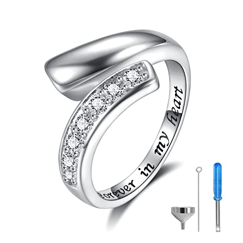 Sterling Silver Urn Ring for Ashes: Women Cubic Zirconia Ash Ring Memorial Cremation Jewelry Bereavement Keepsakes Gift for Loss of a Loved One (Size 8)