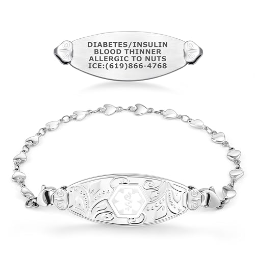 Divoti Custom Engraved Lovely Filigree Medical Alert ID Bracelets for Women with Heart Link Chains – White-7.0'