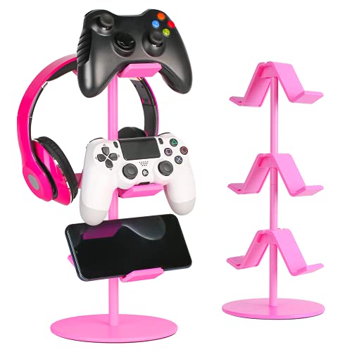 KELJUN Controller Holder Pink,Headphone Stand,3 Tier Multi Adjustable Game Controller Headset Hanger for All Universal Gaming PC Accessories, Xbox PS4 PS5 Nintendo Switch(Cute Pink)