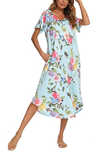 YOZLY Nightgown Womens Cotton Knit Long Sleepwear Soft V Neck Loungewear S-XXL (Flowers, Large)