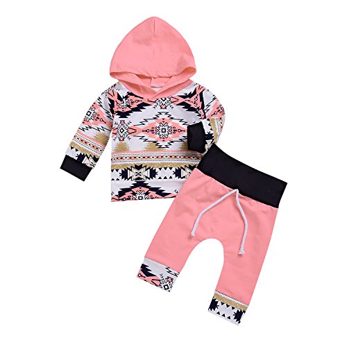 Kashoer 2Pcs Baby Girls Fall Winter Long Sleeve Floral Geometric Print Hoodie + Pants Outfit Set (0-6M, Pink) 2