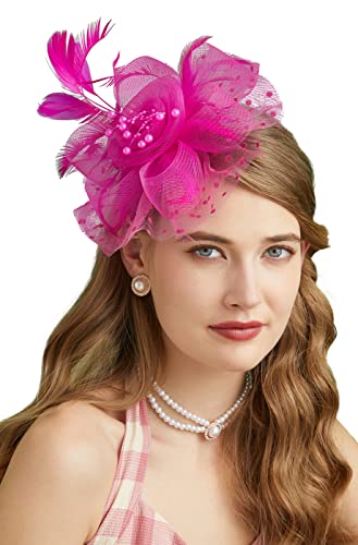 Fascinators Hat for Women Tea Party Headband Kentucky Derby Wedding Flower Cocktail Mesh Feathers Hair Clip(1-Fushia)