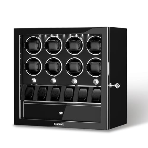 DUKWIN Watch Winder for 8 Automatic Watches,Lockable Watch Winders with Watch and Jewelry Storage, Super Quiet Mabuchi Motor with High-Gloss Piano Lacquer Finish,Built-in Illumination-Black