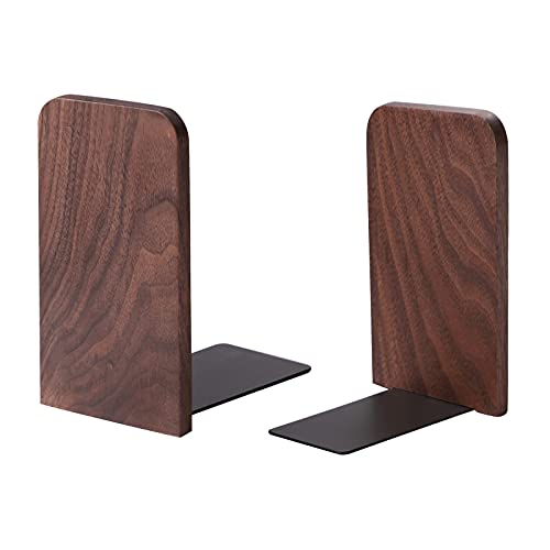 Muso Wood Book Ends for Shelves, Non-Slip Bookends, Heavy Duty Wooden Bookend Support for Books and Movies (Walnut 1 Pair)