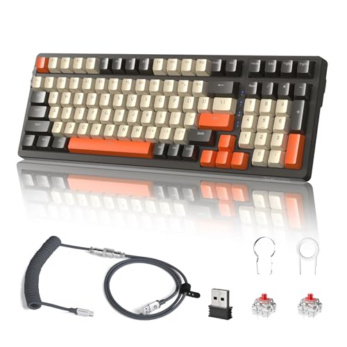 FREEWOLF RK-K8 Wireless Mechancial Gaming Keyboard Hot-Swappable with Rainbow Backlit Gasket NKRO Bluetooth5.0/2.4G/USB C to A Coiled Cable Linear Red Switch 4000mAh for PS4 PC Win Mac Gamer(Twilight)