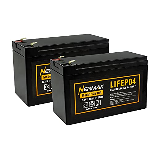 NERMAK 2 Pack 12V 10Ah Lithium Ion LiFePO4 Deep Cycle Battery, 2000+ Cycles Rechargeable Battery for Solar/Wind Power, UPS, Scooters, Lighting, Power Wheels, Fish Finder Built-in 10A BMS