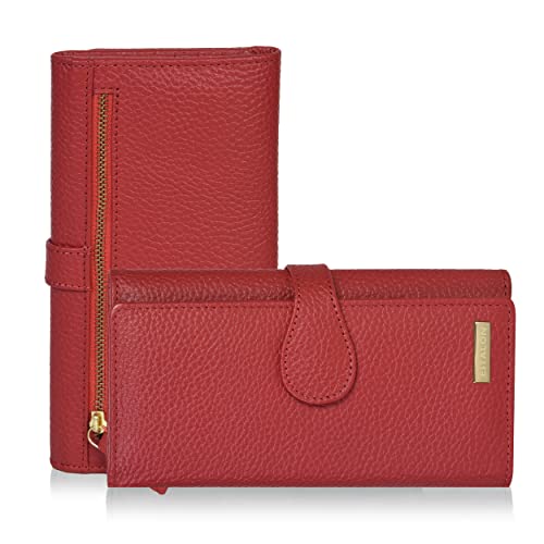 ESTALON Leather Long Bifold Wallet for Women | RFID Blocking | 11 Card Organizer Slots | 3 ID Windows | Trendy Women's Travel Wallet | Ladies Clutch Purse | Gifts for Her | Red Pebble