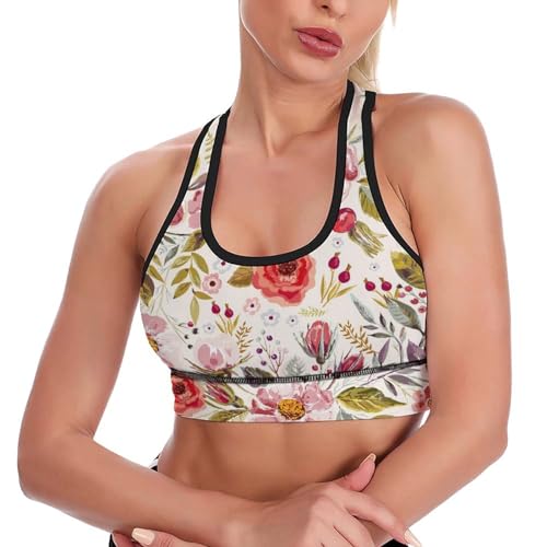 Floral Chic Flowers Roses Pedals Dots Leaves Buds Spring Season Theme Crop Tank Top for Womens, Comfortable & Breathable Yoga Racerback Bras, High Support Padded Workout Fitness Sport Bra