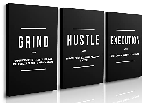GUBIYU Hustle Grind Execution Wall Art Set of 3 Framed Canvas Black Motiviational Wall Art Home Office Wall Decor Inspirational Positive Quotes Posters Success Entrepreneur Gifts for Mens Guys 12'x16'