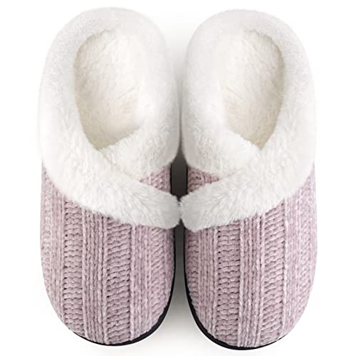 Slippers for Women Fuzzy House Slip on Indoor Outdoor Bedroom Furry Fleece Lined Ladies Comfy Memory Foam Female Home Shoes Anti-Skid Rubber Hard Sole Light Purple Size 9-10