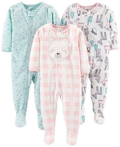 Simple Joys by Carter's Baby Girls' 3-Pack Loose Fit Flame Resistant Fleece Footed Pajamas, Off-White Deer/Pink Llama/Turquoise Green Snowflake, 24 Months