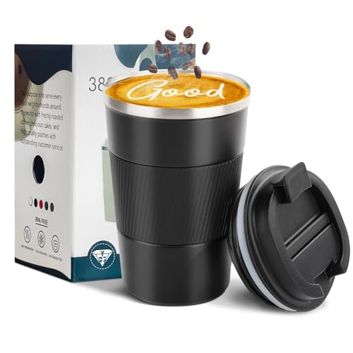 YINBAOGE Insulated Travel Coffee Mug Spill Proof Leak Proof Pobtable To Go Camping Stainless Steel Coffee Tumbler Reusable Coffee Cups with Lids Thermos for Hot and Cold Drink (Black, 14 OZ)