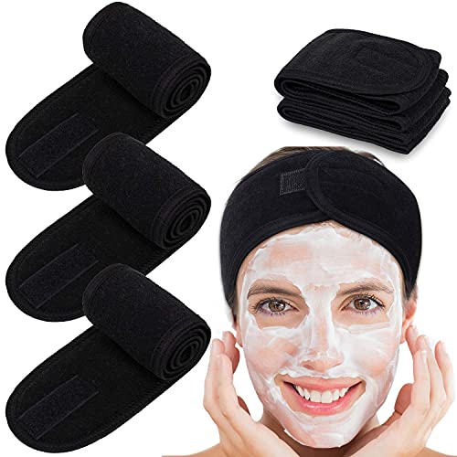 4 Counts Spa Facial Headband Whaline Head Wrap Terry Cloth Headband Stretch Towel with Magic Tape for Bath, Makeup and Sport, 3.5' Wide (Black)