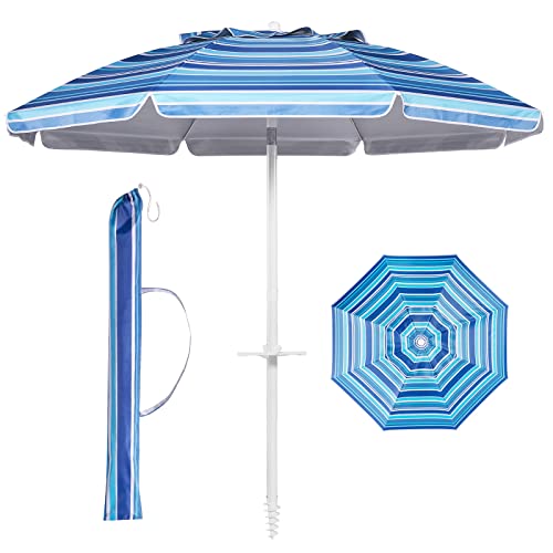 Aoxun Beach Umbrella with Tilt Pole, Portable Sand Anchor and Carry Bag, UPF 50+ Sun Shelter Air Vents Design for Outdoor Activities (Navy Blue & White), 7ft