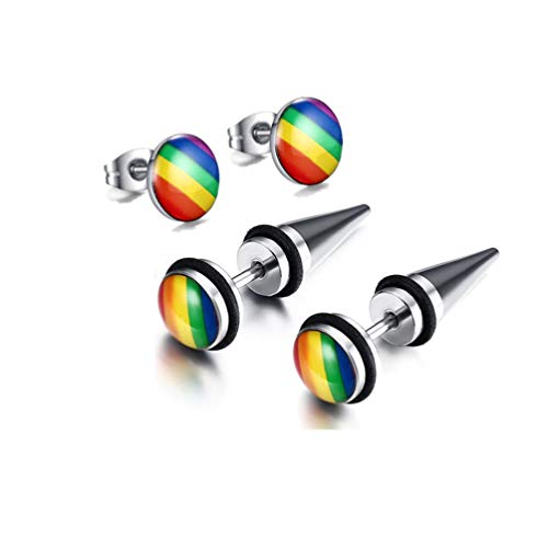 Stainless Steel Rainbow Striped Round Dot Stud Earrings Set of 2 for Men Women, Gay and Lesbian Pride Piercing Earrings, 2 Pairs