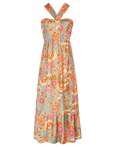 2024 Women Crisscross Halter Floral Print Beach Maxi Dress for Summer Greygreen M