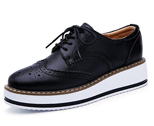 DADAWEN Women's Platform Lace-Up Wingtips Square Toe Oxfords Shoe Black Leather US Size 9/Asia Size 41/25.5cm