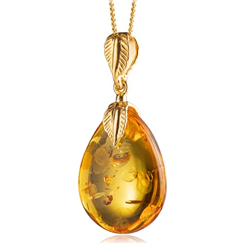 Amber by Mazukna - Baltic Amber Pendant for Women, Sparkling Amber Drop, Gold Plated Sterling Silver ag925 18inch Necklace, Cognac Color Jewelry for Ladies