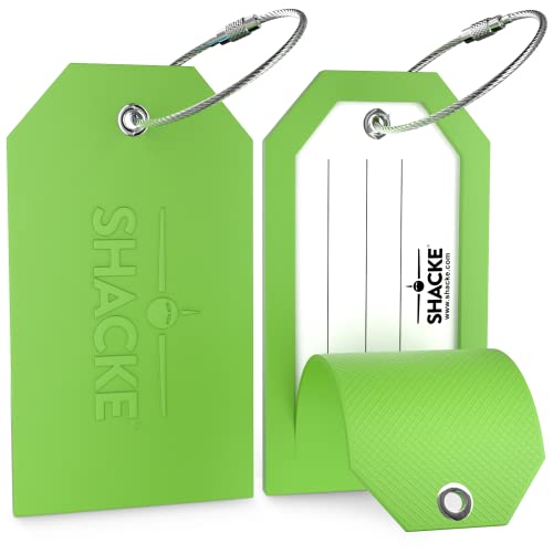 Shacke Large Luggage Tags (2pcs) with Privacy Cover and Steel Loops (Green)