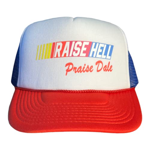 Raise Hell Praise Dale Snapback Trucker Hat for Men or Women, Vintage Fit with Funny Novelty Graphic, Custom Mesh Cap Red/White/Blue