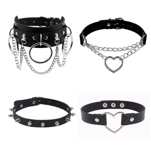Dumcondy 4Pcs Halloween Cool Steampunk Love Heart Shaped Gothic Goth Punk Rock Rivet Spike Studded PU Leather Choker Collar Necklace Sets for Women Lady Girl Adjustable Cosplay Jewelry Night Club