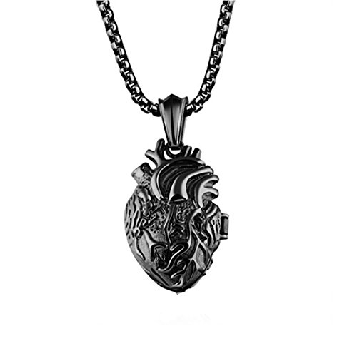LBFEEL Stainless Steel Anatomical Organ Heart Pendant Black Necklace for Men With a Gift Box