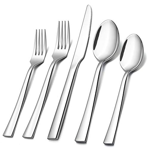E-far 60-Piece Silverware Set, Stainless Steel Flatware Set Service for 12, Tableware Cutlery Set for Home Restaurant Party, Dinner Forks/Spoons/Knives, Square Edge & Mirror Polished, Dishwasher Safe