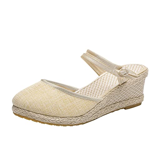 Shengsospp Women's Platform Espadrilles Wedge Sandals Solid Weave Round Toe Breathable Comfortable Sandals Summer Casual Shoes 04_Beige, 6.5-7