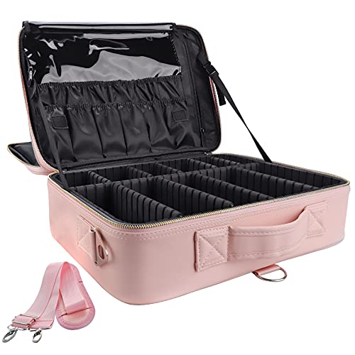 gzcz Travel Makeup Case Large Capacity Cosmetic Case Organizer 16 Inches Waterproof Portable Artist Makeup Storage Bag with Adjustable Dividers and Shoulder Strap for Makeup Brushes Jewelry, Pink
