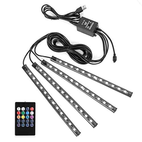 Car LED Strip Lights Christmas, 4Pcs 48 LED Interior Lights, Multicolor Music Car Strip Light Under Dash Lighting Kit with Sound Active Function and Remote Controller, DC 5V