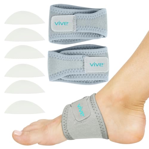 Vive Arch Support Brace (Pair) - Plantar Fasciitis Gel Strap for Men, Woman - Orthotic Compression Support Wrap Aids Foot Pain, High Arches, Flat Feet, Heel Fatigue - Insert for Under Socks (Gray)