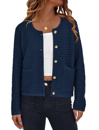 PRETTYGARDEN Womens 2023 Cardigan Sweaters Fall Open Front Button Down Long Sleeve Pockets Casual Chunky Knit Shirt Outerwear (Navy,Medium)