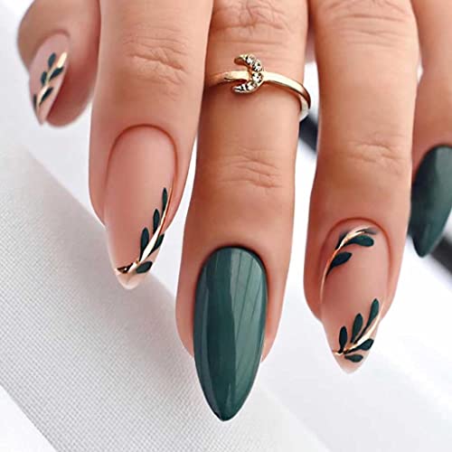 RikView Fall Press on Nails Long Acrylic Almond Fake Green Full Cover For Women