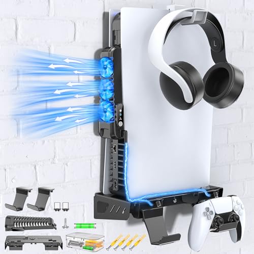 PS5 Wall Mount Kit with Charging and Cooling Fan, PS5 Floating Shelf Wall Mount Stand for PS5 Console, PS5 Controller Wall Mount Charger Accessories with PS5 Cooling Station,Headset Holder